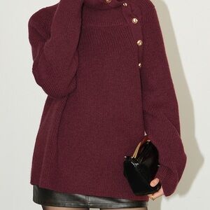 Commense Burgundy Cowl Neck Sweater with Gold Buttons